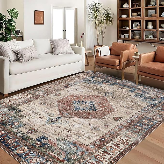 vivorug 9x12 Area Rugs for Living Room, Non Slip Machine Washable Vintage Rug, Ultra-Thin Lightweight Large Area Rug for Bedroom, Dining Room, Low Pile Brown