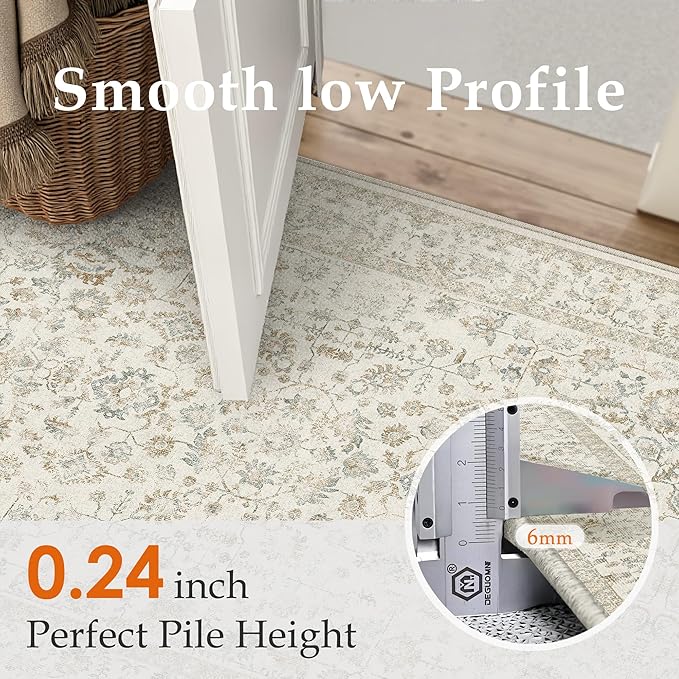 2x6 Taupe Runner Rug Hallway Non Slip Kitchen Vintage Distressed Long Carpet Indoor Machine Washable Retro Floral Bedroom Accent Throw Rug for Office Laundry Bathroom Dining Living Room