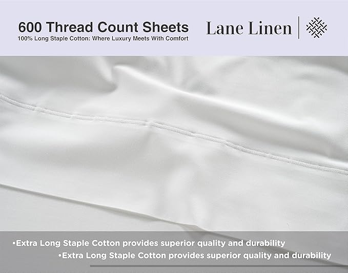 LANE LINEN King Size Sheets Set – 600 Thread Count Long-Staple 100% Cotton Sheets, Naturally Cool & Durable for Everyday Use, 15" Deep Pocket Fitted Sheet with All-Around Elastic for Snug Fit – White