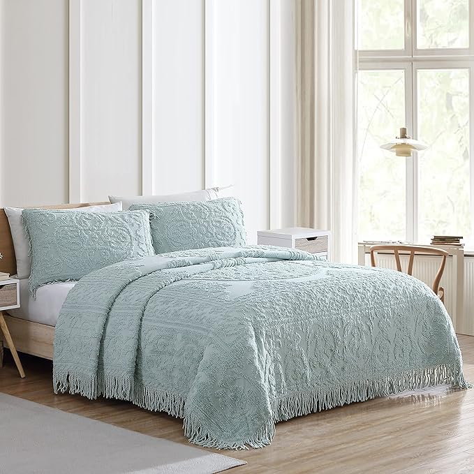 Beatrice Home Fashions Medallion Chenille Bedspread, Standard Sham, Blue