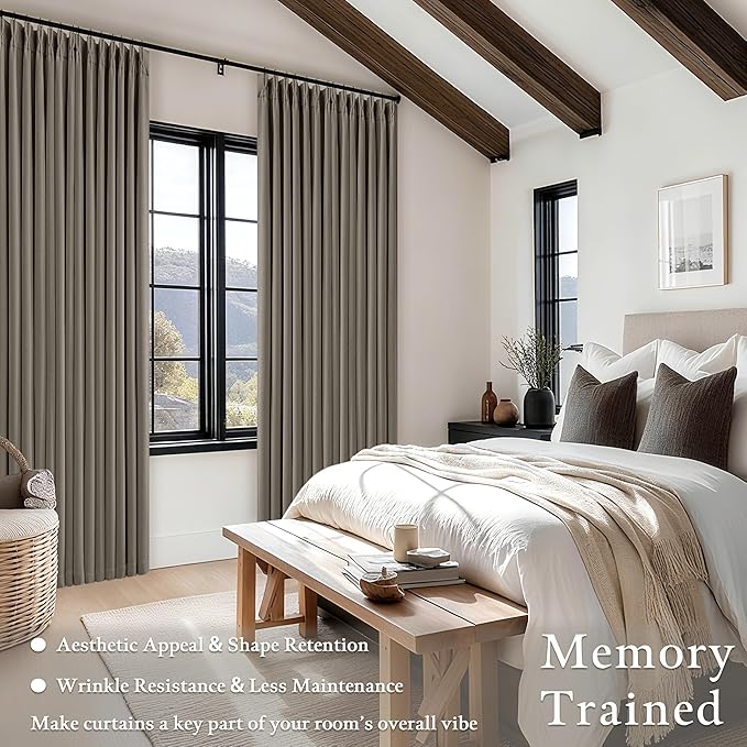 Taupe Grey 120 Inch Blackout Pinch Pleated Curtains 2 Panel Set for Living Room Darkening Thick Linen Textured 100% Black Out Drapes 120 Inches Long Pinch Pleat Light Blocking Bedroom Grayish Brown