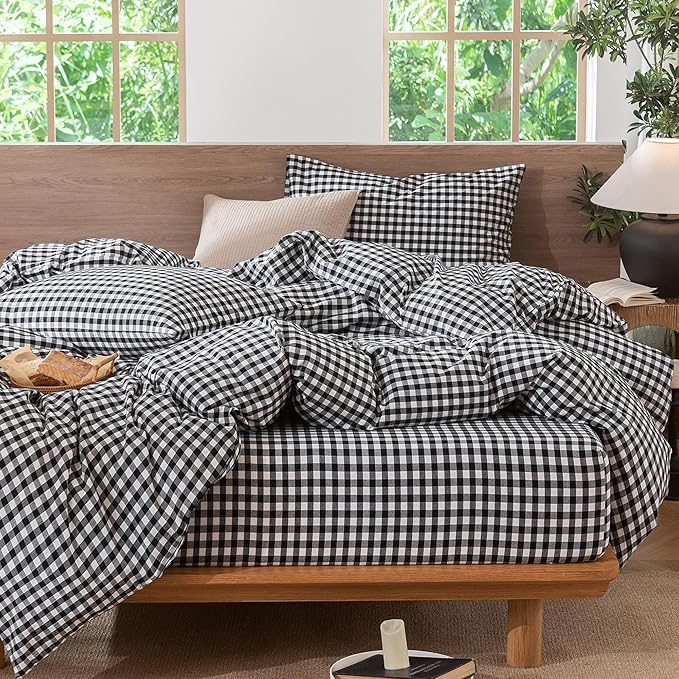 MooMee Gingham Duvet Cover Set 100% Washed Cotton Linen Like Textured Breathable Durable Soft Comfy Modern Checkered Design (Black White Gingham, Super King 108"x98")
