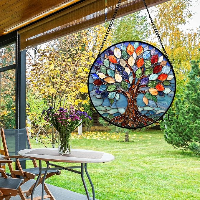 Stained Glass Window Hanging, Colorful Tree of Life Sun Catchers Glass Panel Blue Suncatcher Decor for Birthday for Women, Men, Wife, Aunt, and Mom 11.8x11.8 in