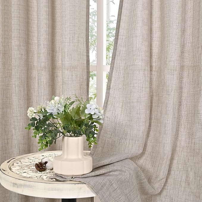 YoungsTex Short Linen Curtains 36 Inch Length for Kitchen Window 2 Panels - Small Semi Sheer Drapes Light Filtering with Bronze Grommet Netural Rustic for Cafe Bathroom, 42 X 36 Inch