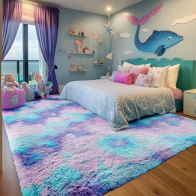 PAGISOFE Plush Rainbow Rugs for Bedroom Girls, 6x9 Soft Purple Shag Washable Area Rugs for Livingroom, Girls Room, Nursery, Classroom, Home Decor, Fluffy Fuzzy Carpet Mermaid Kawaii Pink Rugs