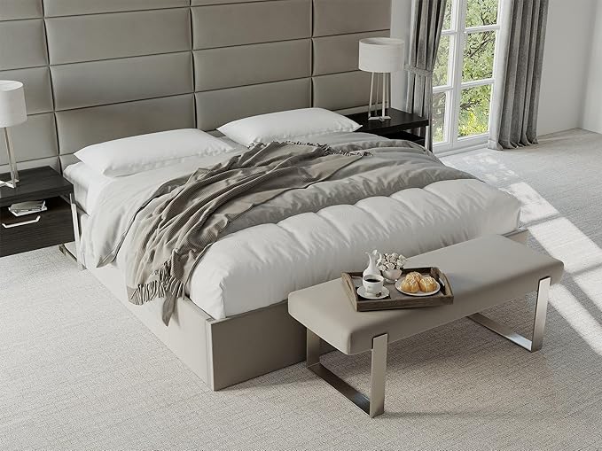 VANT Upholstered Bed Bench - Vintage Leather Light Grey - Burnished Brass - Contemporary Modern, Bedroom Bench Seat, Hallway, or Entryway