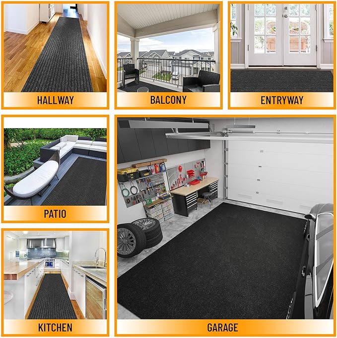 Ottomanson 2'7" x 51' Hallway Runner with Scraper Pile - Extra Durable Non-Slip Rug Mat for Indoor & Outdoor Use - Ideal for Kitchen, Entryway & Garage - High-Traffic Carpet, Black