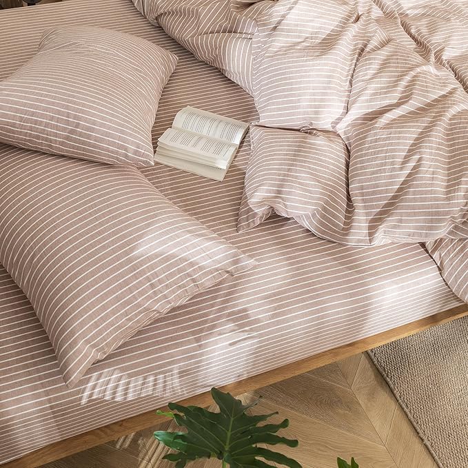 MooMee Striped Duvet Cover Set 100% Washed Cotton Linen Like Textured Breathable Durable Soft Comfy (Orange White Wide Stripes, Oversized Queen 98"x98")
