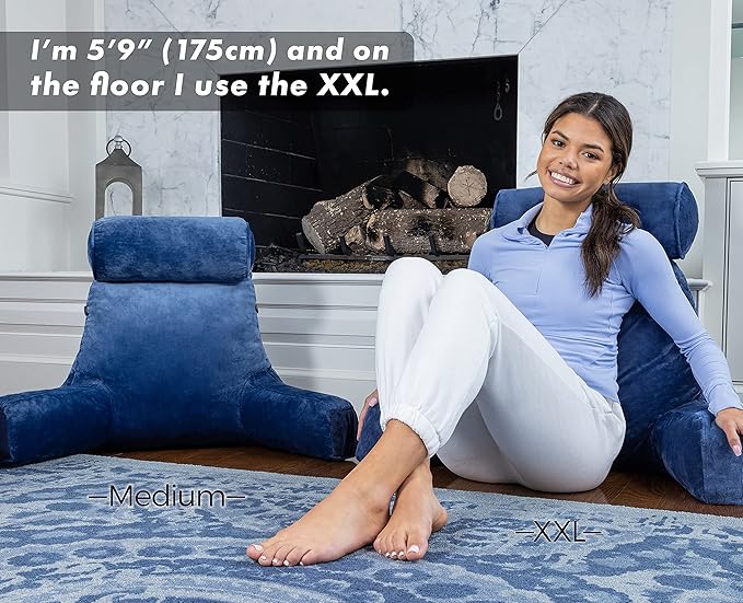 Husband Pillow Medium Dark Blue, Backrest for Kids, Teens, Petite Adults - Reading Pillows with Arms, Adjustable Loft, Plush Memory Foam, Bed Rest Chair Sitting Up, Detach Neck Roll, Removable Cover