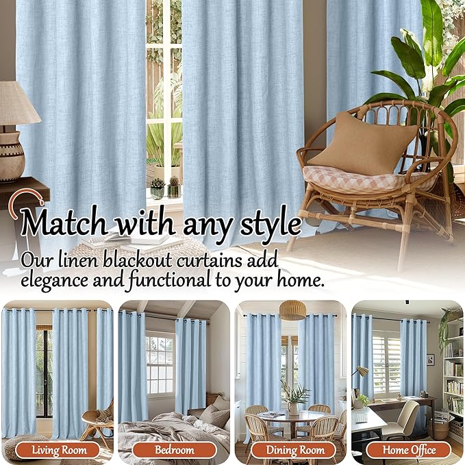 Baby Blue Linen Blackout Curtains for Nursery 90 Inch Length 2 Panels Set, Thermal Insulated Boho Total Black Out Noise Reducing Bonzer Grommets Window Curtains for Kids Bedroom, Each 52 Inch Wide