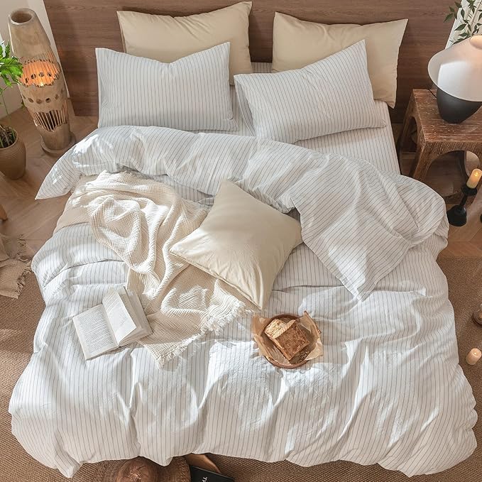 MooMee Striped Duvet Cover Set 100% Washed Cotton Linen Like Textured Breathable Durable Soft Comfy (White Cornflower Blue Wide Stripes, Palatial King/Oversized King 120"x98")