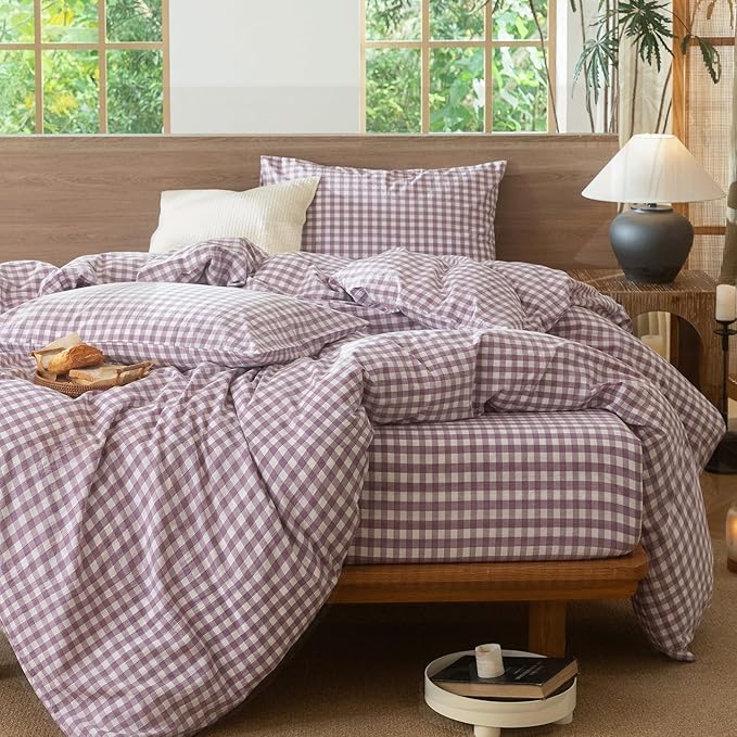 MooMee Gingham Duvet Cover Set 100% Washed Cotton Linen Like Textured Breathable Durable Soft Comfy Modern Checkered Design (Classic Gingham Light Purple, Cal King 104"x98")