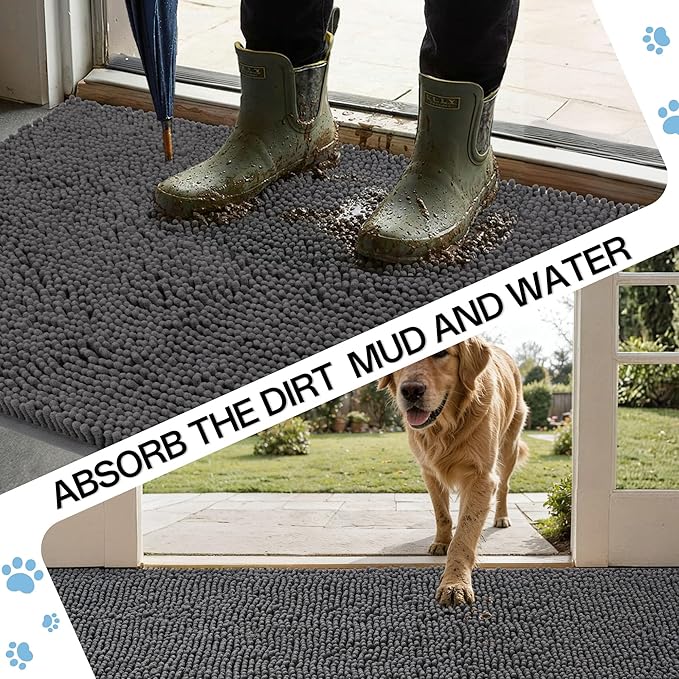 Amyracel Dirt Trapping Door Mat, 36" x 72" Large Absorbent Dog Door Mat for Muddy Paws, Quick Dry Non Slip Chenille Mud Mat for Dogs, Machine Washable Entry Indoor Entryway Rug for Inside Floor