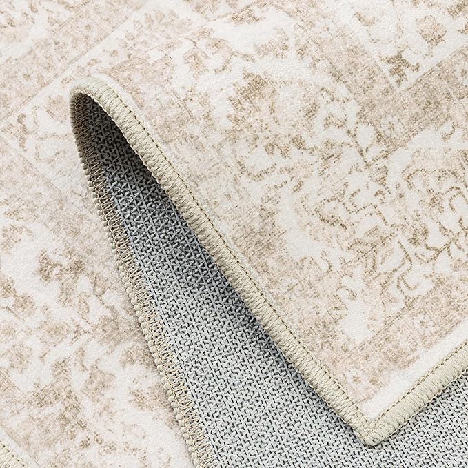 Beige Area Rug 6x9 Machine Washable Vintage Living Room Distressed Non Slip Carpet Traditional Indoor Bedroom Retro Floral Accent Throw Large Rug for Office Kitchen Dining Room