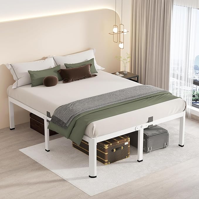 MAF 20 Inch King Size Bed Frame White with Round Corner Legs Mattress Slide Stopper No Box Spring Needed Heavy Duty Metal Platform Bed Frames Under-Bed Storage Space, 3000 LBS Steel Slats Support