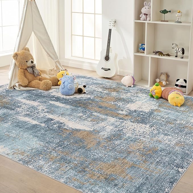 Area Rug Living Room Rugs - 9x12 Washable Large Soft Indoor Neutral Modern Abstract Low Pile Rug Carpet for Bedroom Dining Room Farmhouse Home Office - Blue Brown