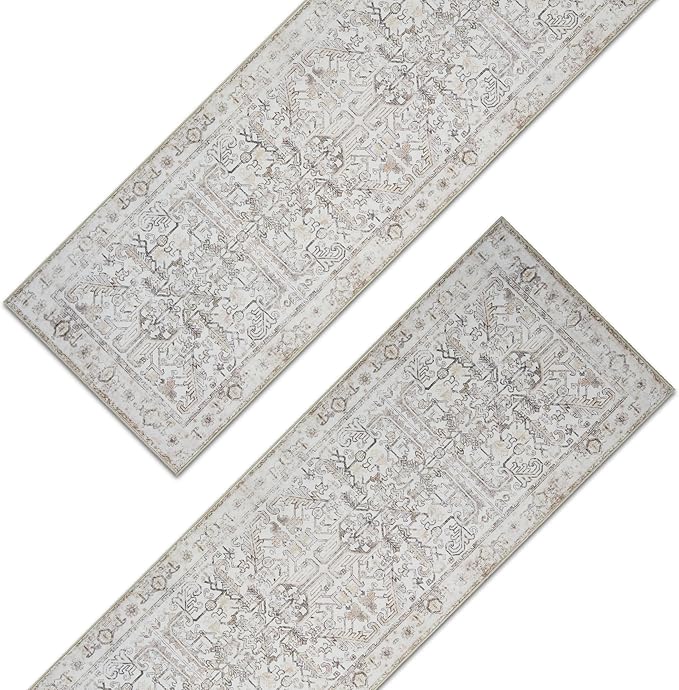 jinchan Lima Kitchen Runner Rug 3x10-2pcs, Bohemian Hallway Washable Rug Floral Non Slip with Rubber Backing Vintage Carpet Runner for Bedroom Bathroom Laundry Room Living Room Taupe