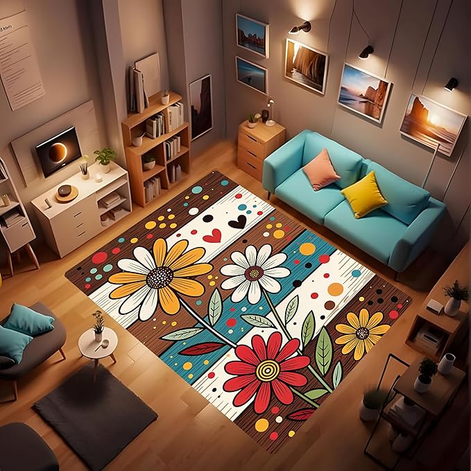 Machine Washable 2' x 3' Bohemian-Style Area Rug, Flowers Floor mat, Suitable for bedrooms, Girls' Room Bedside, Living Room, Dining Room, Office, Non-Slip Low-Pile Retro, Fashionable Carpet