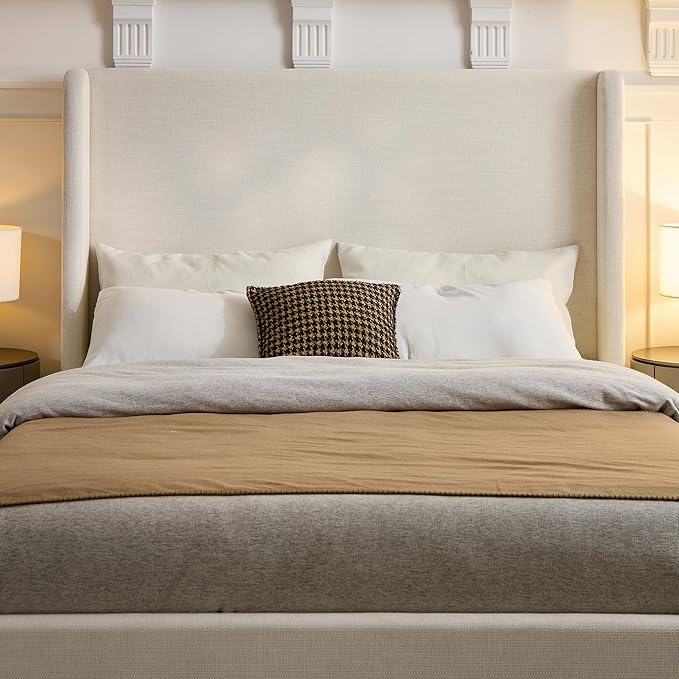 Queen Size Upholstered Bed Frame, Harper 54" Tall Headboard Platform Beds, Wingback Headboard Bedframes/No Box Spring Needed/Easy Assembly/Elegant Simplicit, Textured Ivory Canvas Chenille