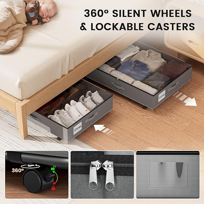 XXXL 78L Under Bed Storage with Wheels, Rolling Storage Containers with Support & Clear Lid, Heavy-Duty Metal Frame, Easy Pull-out, Underbed Storage Bins for Clothes, Shoes, Blankets, and Toys 2 pack