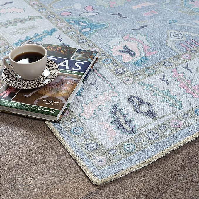 Fame Rugs Lavender Modern Oushak Rug 2x3, Vintage Doormat Turkish Colorful Oriental Antique Inspired Washable Small Area Rug, Luxury Living Room Bedroom (386PBL, 2' x 3')