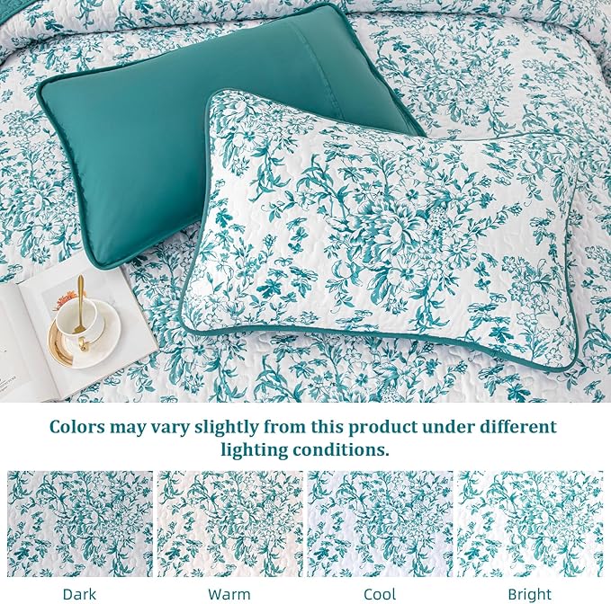 WONGS BEDDING Quilt Queen Size, Teal Quilt Bedding Set with 2 Pillowcases, Botanical Quilt for Queen Bed, Soft Microfiber Lightweight Coverlet Bedspread for All Season (96"×90", 3 Pieces)
