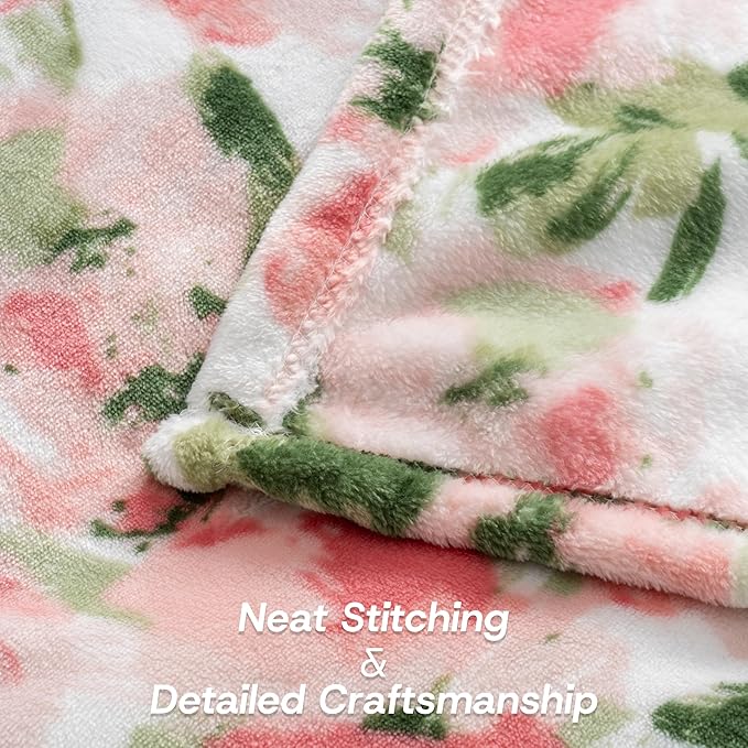 Luxury Printed Fleece Warm Blanket, Soft Lightweight Velvety Plush Throw for Couch and Bed, Cozy Comfy for All Seasons(Ivory Pink Flowers, 90×90 Inches)