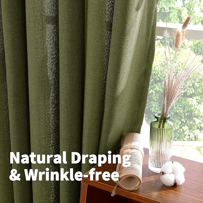 YoungsTex Extro Long Linen Curtains 108 Inch Length for Living Room, Semi Sheer Drapes Light Filtering with Bronze Grommet for Dining Bedroom Country, Olive Green, 2 Panels, 52 X 108 Inch