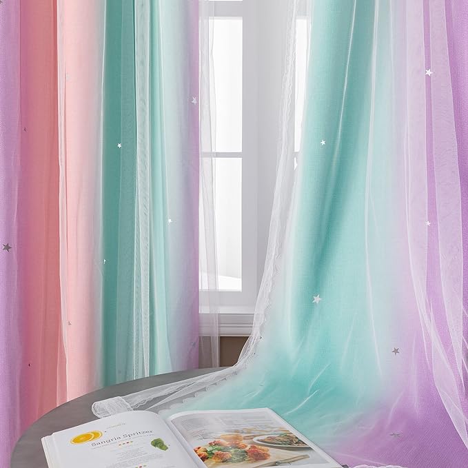 XiDi Curtains for Bedroom Kids Rainbow Pink Purple Green Curtains for Girls Room Darkening 42/63/1