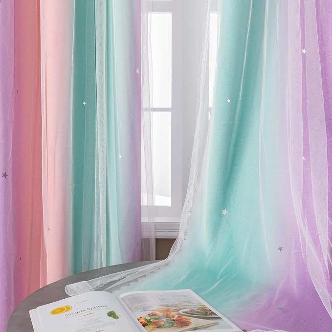 XiDi Curtains for Bedroom Decor, Rainbow Pink Purple Green 34/90/1