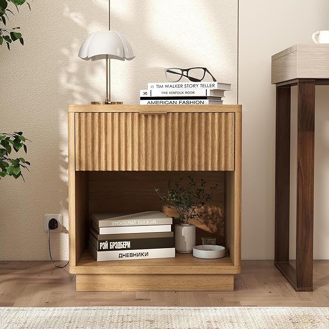 Miereirl Fluted Nightstands Set of 2 with Charging Station, LED Nightstand with Rounded Edge, 22" W Farmhouse Nightstand for Bedroom, Natural Oak
