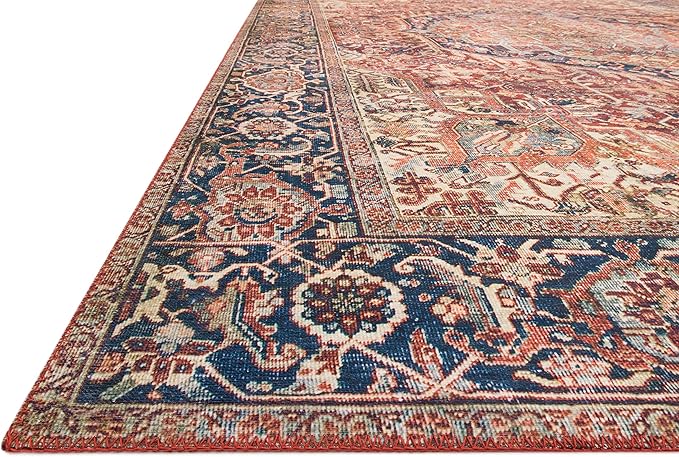 Loloi Layla Collection LAY-08 Red/Navy 2'-0" x 5'-0" .13" Thick Accent Rug, Soft, Durable, Vintage Inspired, Distressed, Low Pile, Non-Shedding, Easy Clean, Printed, Living Room Rug