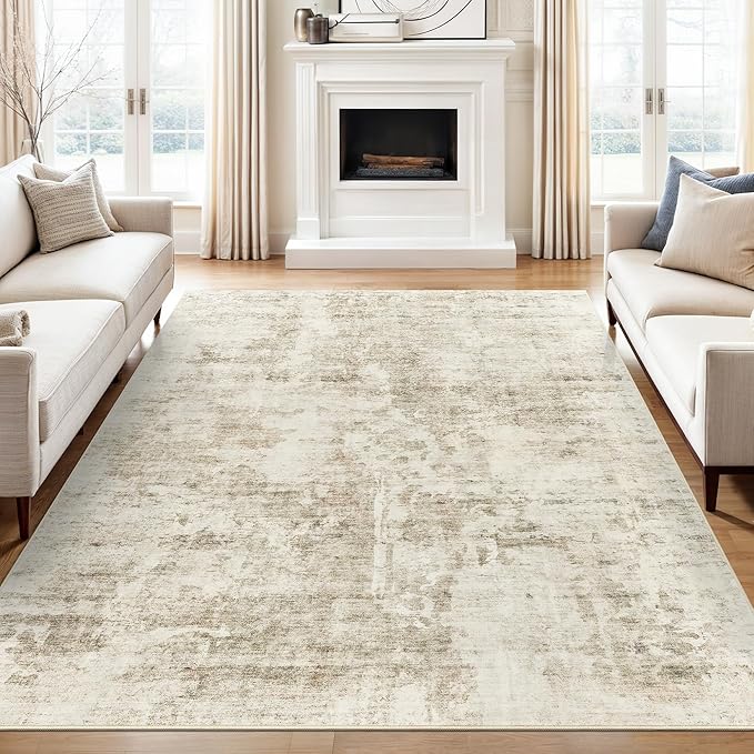 9x12 Area Rug for Living Room, Abstract Non Slip Machine Washable Vintage Carpets, Low Pile Lightweight Large Rug for Bedroom, Dining Room, Home Office Beige Gray
