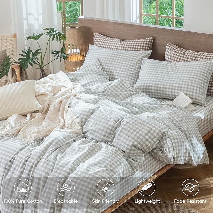 MooMee Gingham Duvet Cover Set 100% Washed Cotton Linen Like Textured Breathable Durable Soft Comfy Modern Checkered Design (Northern Droplet Grey Gingham, King 104"x90")