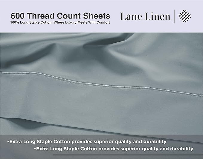 LANE LINEN King Bed Sheets – 600 Thread Count Long-Staple 100% Cotton King Size Bed Sheets, Hotel Luxury Soft Silky Sateen Weave, Durable for Daily Use, Fully Elasticized 15" Deep Pocket – Blue
