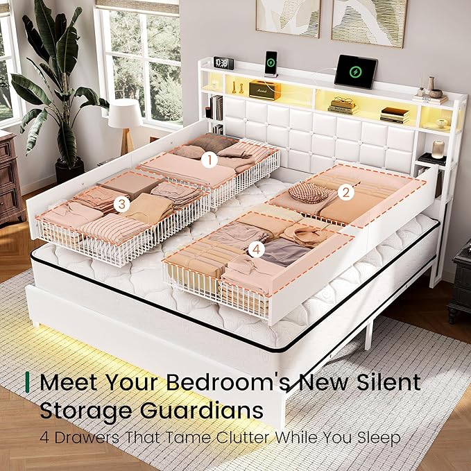 LARMACE King Size Bed Frame with 4 Storage Drawers and Bookcase Headboard, Faux Leather Upholstered, Wooden Platform Bed Frame with Charging Station and LED Lights, No Box Spring Needed, White