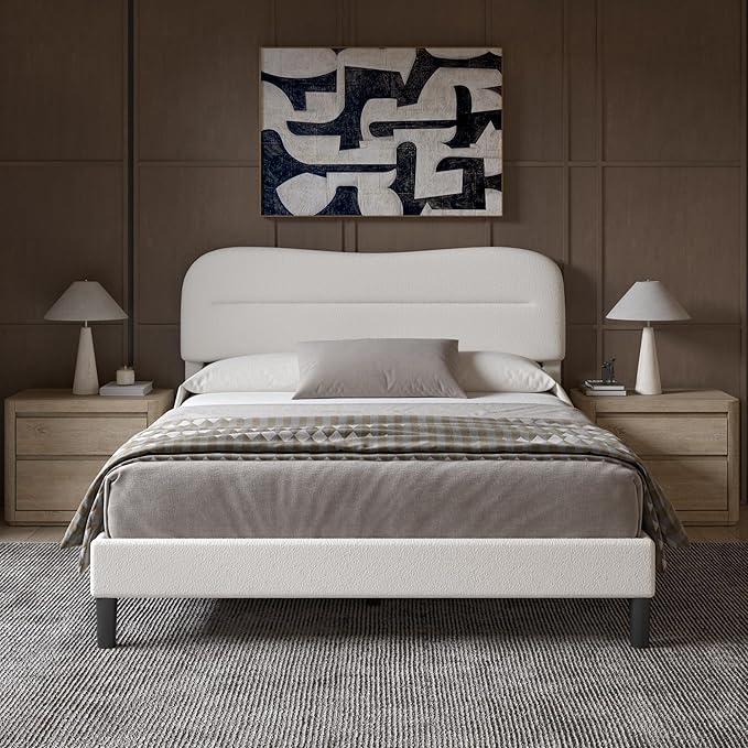 Queen Size Bed Frame with Headboard, upholstered Bed Frame Queen Size, Teddy Soft Boucle Fabric, Soft Cloud Marshmallow Shape Headboard, No Box Spring Needed, Noise Free (White)