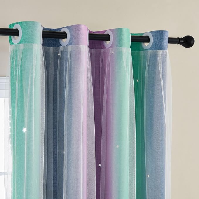 XiDi Curtains for Bedroom Decor, Rainbow Purplgreen grey34/90