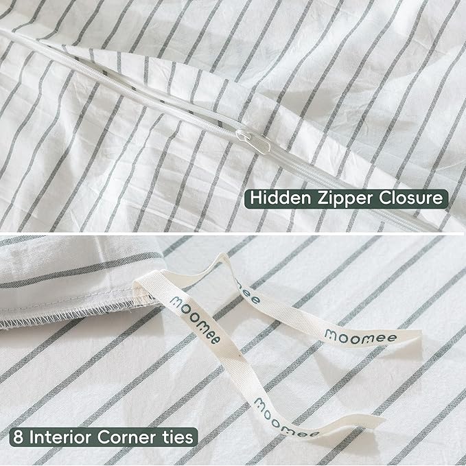 MooMee Striped Duvet Cover Set 100% Washed Cotton Linen Like Textured Breathable Durable Soft Comfy (White Heathered Green Wide Stripes, Super King 108"x98")