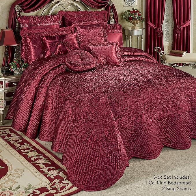Touch of Class Portia Luxury Bedding | Rich Ruby Red | Premier Quilted Polyester Satin | Romantic Hand Guided Machine Quilted Scroll Design 3 Piece Set: Cal King Oversized Bedspread & 2 King Shams