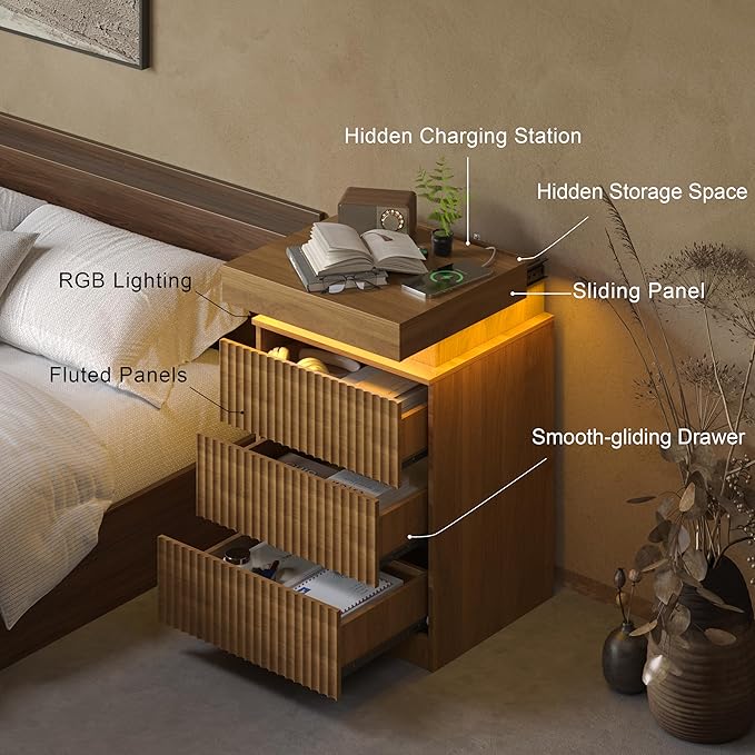 Walnut Nightstand with 3 Drawers and LED Light, Mid Century Modern Fluted Night Stand with Charging Station, Bedside Table & End Table for Bedroom