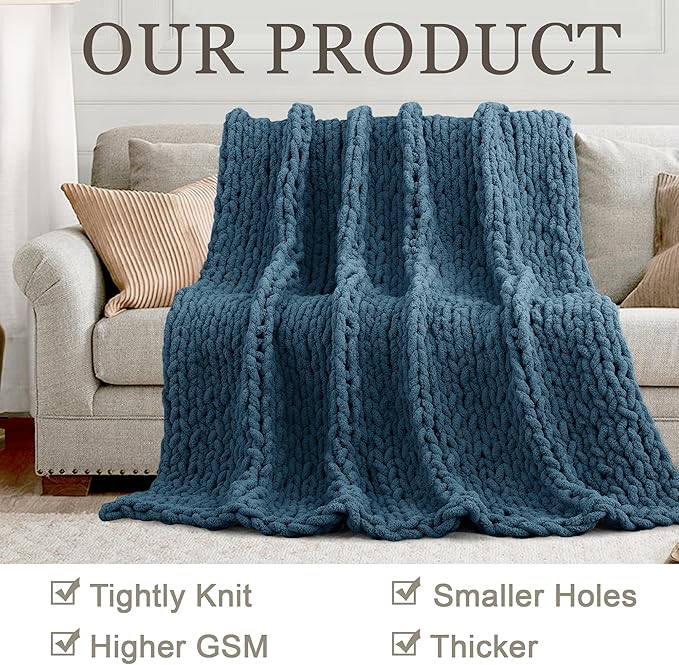 Chunky Knit Throw Blanket 60"X 80", 100% Handmade with Soft Chenille Yarn, 6.7lbs Thick Cable Knitted Blankets, Large Rope Knot Crochet Throws for Couch Sofa Bed Home Decor, Mineral Blue