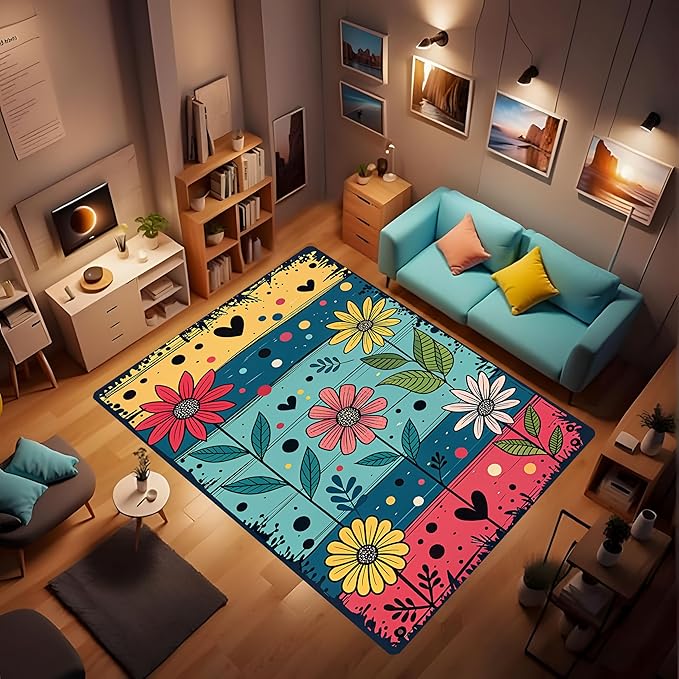 Machine Washable 5' x 7' Folk Art Print Style Area Rug, Flowers Floor mat, Suitable for bedrooms, Girls' Room Bedside, Living Room, Dining Room, Office, Non-Slip Low-Pile Retro, Fashionable Carpet