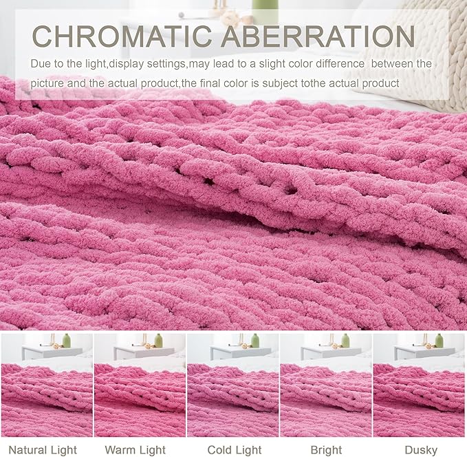 Chunky Knit Throw Blanket 50"X 60", 100% Handmade with Soft Chenille Yarn, 4.4lbs Thick Cable Knitted Blankets, Large Rope Knot Crochet Throws for Couch Sofa Bed Home Decor, Hot Pink