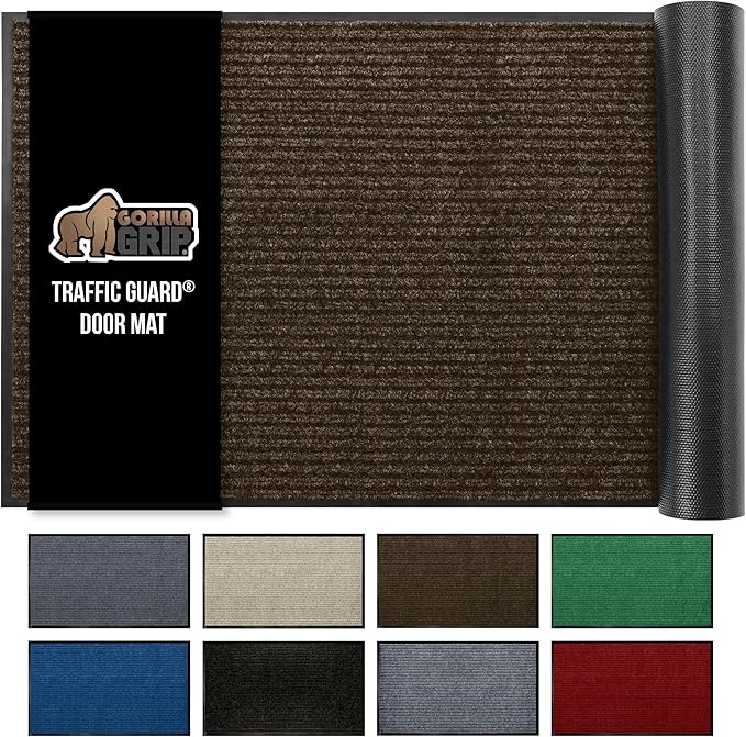 GORILLA GRIP Waterproof Traffic Guard Door Mat, Heavy Duty Entryway Mats, Strong Rubber Back Commercial Utility Rugs for Office Hallway, Garage Floor and Home, Low Profile Carpet Runner, 29x17, Brown