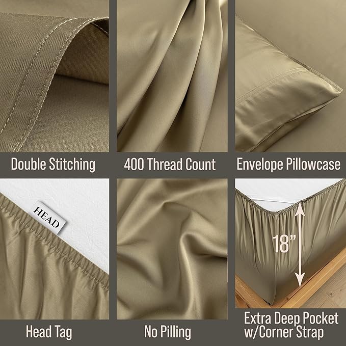 Bella Coterie 7 Piece Luxury Bamboo Viscose Split King Size Sheet Set | 2 Fitted Sheets for Adjustable Beds | 100% Organically Grown | Cooling for Hot Sleepers | 4 Pillowcases [Olive]