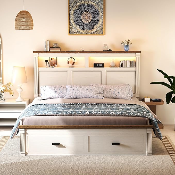 King Size Bed Frame with 53" Tall Headboard, Farmhouse Platform Bed Frame with Roman Column Decoration Footboard & 2 Storage Drawers, LED Built in Charging Station, No Box Spring Needed（Rust White)