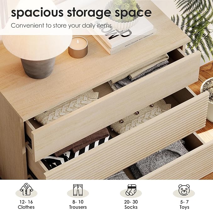 WAMPAT 31.5" W Fluted Dresser for Bedroom, Modern 3 Drawer Dresser TV Stand with Hidden Handles, Wooden Wide Chest of Drawers Closet Clothes Storage Organizer for Bedroom, Living Room, Beige