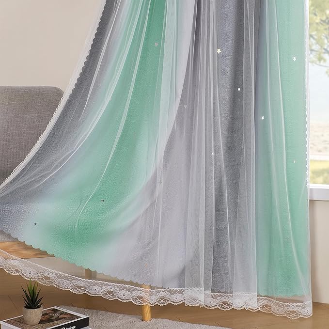 XiDi Rainbow Blackout Curtains for Kids Room, Unicorn Wall Decals, Pink, Green, Grey, 52/72/1