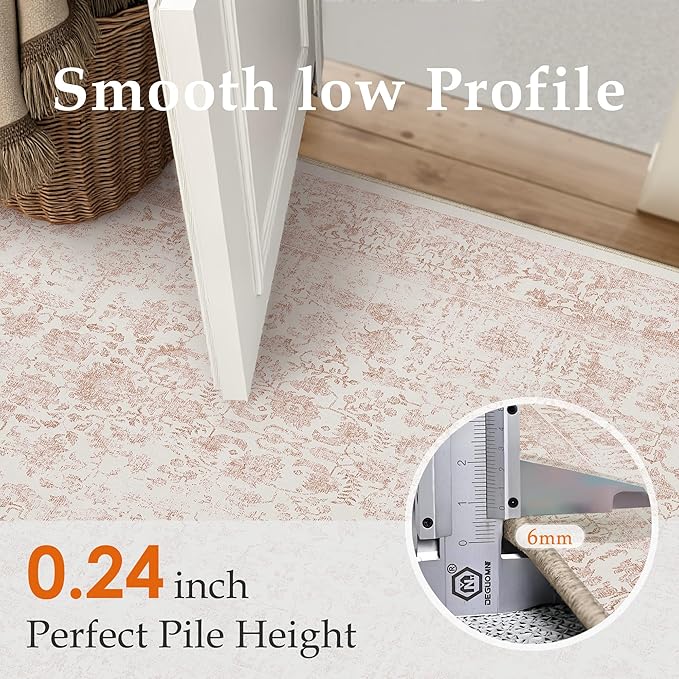 Pink Entryway Area Rug 2x3 Door Mat Machine Washable Kitchen Vintage Distressed Non Slip Carpet Indoor Retro Floral Accent Throw Small Rug for Bathroom Office Bedroom Dining Room